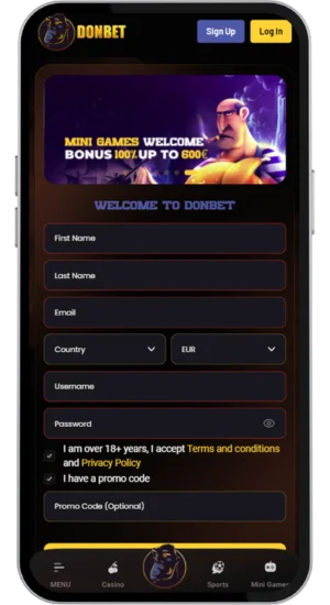 Casino register form with deposit fields