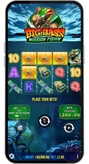 Gameplay screen showing active spin on Big Bass Mission Fishin slot